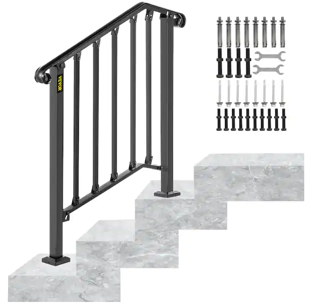 2 ft. Handrails for Outdoor Steps Fit 2 or 3 Steps Outdoor Stair Railing Wrought Iron Handrail with baluster, Black