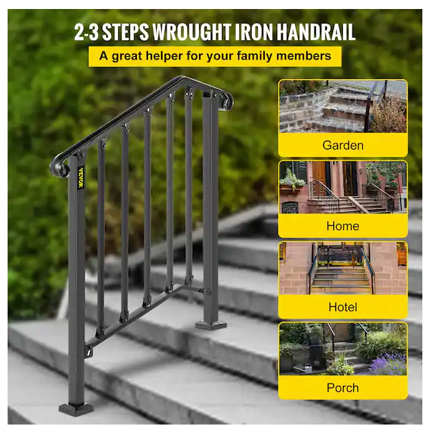 2 ft. Handrails for Outdoor Steps Fit 2 or 3 Steps Outdoor Stair Railing Wrought Iron Handrail with baluster, Black