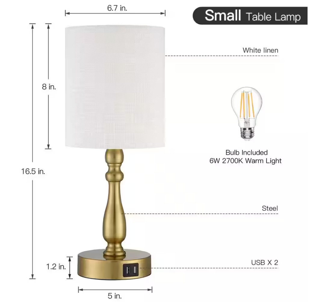 Brass Touch Table Lamp with USB Ports & LED Bulb