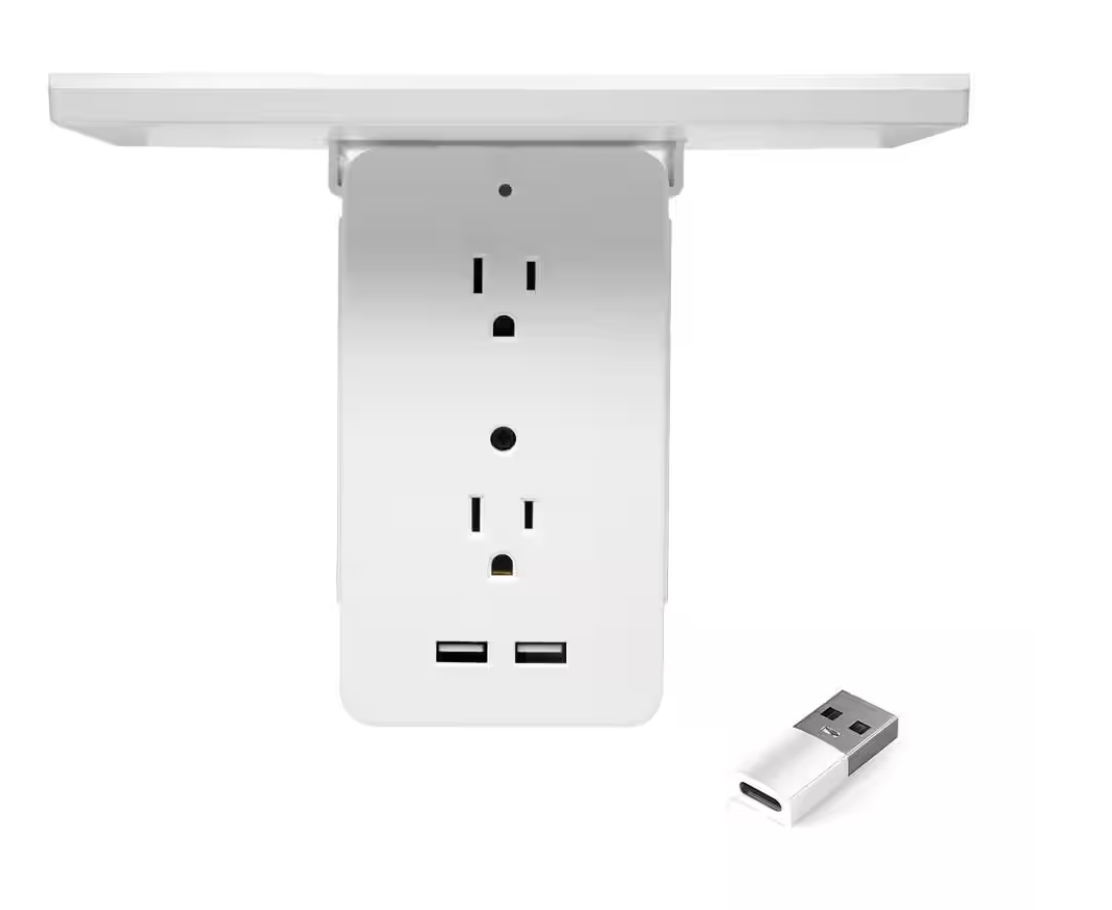 Cordless Wall Extender with 6 Outlets, 2 USB Ports, and 1 USB-C Adapter.