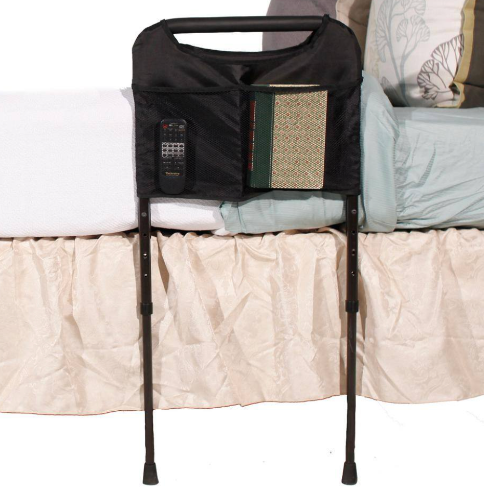 Bed Rail with Adjustable Support Legs and Organizer Pouch in Brown
